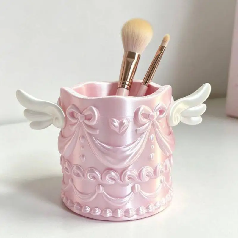 1Pcs Silk Texture Girl Luxury Cosmetic Organizer Bucket Angel Wings Relief Makeup Brush Holder Desktop Pen Cup Gift For Women