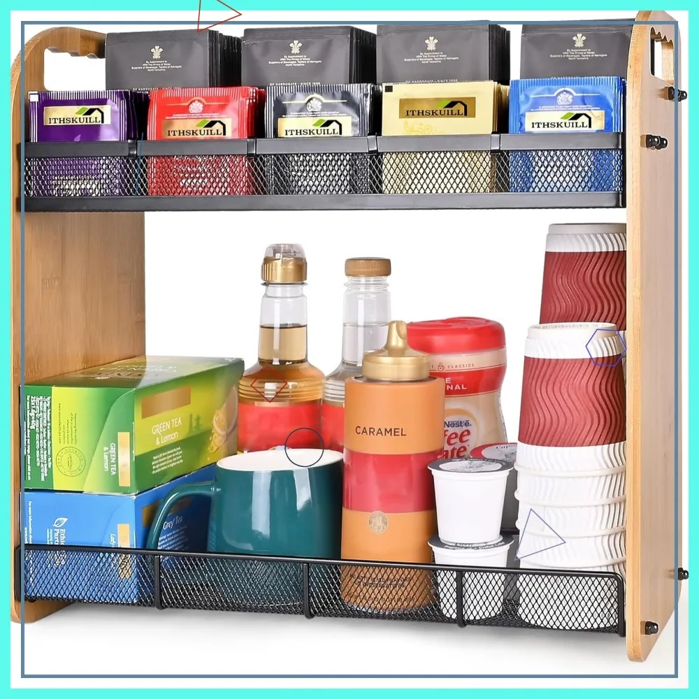 

Large Capacity Bamboo Tea Bag Organizer with Adjustable Dividers, Wall Mount or Desktop Storage for Kitchen Office