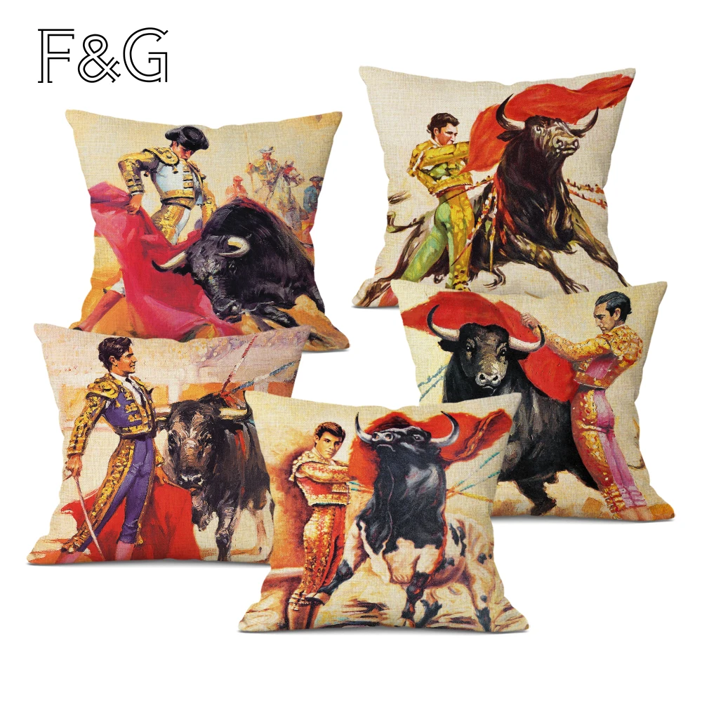 

Spanish Matador Art Cushion Cover Decoration Vintage Oil Painting Pillow Case 45x45cm Linen Pillowcase for Home Decor