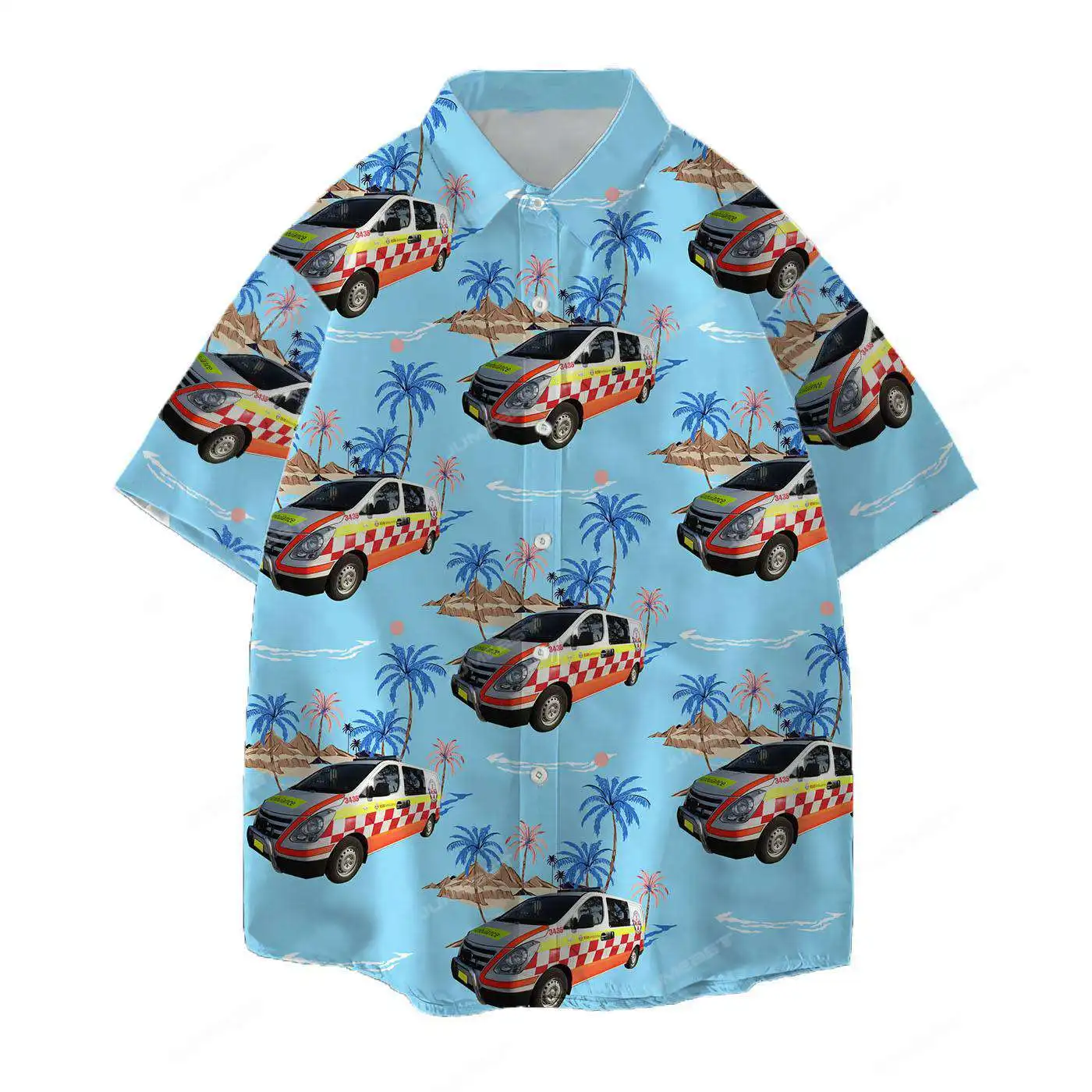 Jumeast-camisa hawaiana de ambulancia para hombre, camisa Vintage Y2K con gráfico de palmera Aloha, blusa holgada de playa para coche, ropa de moda