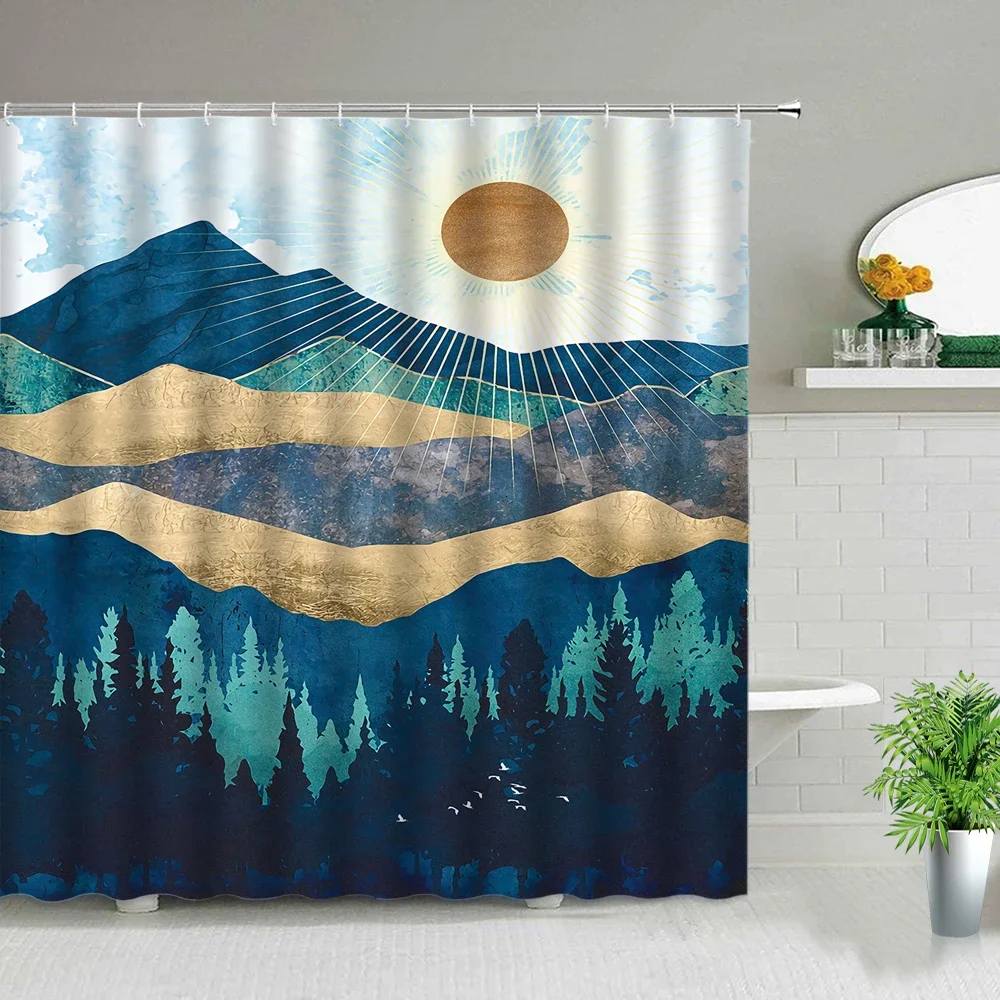 Modern Chinese Style Pink Mountain Peak Scenery Shower Curtains Ink Painting Forest Landscape Bath Screen Background Wall Decor