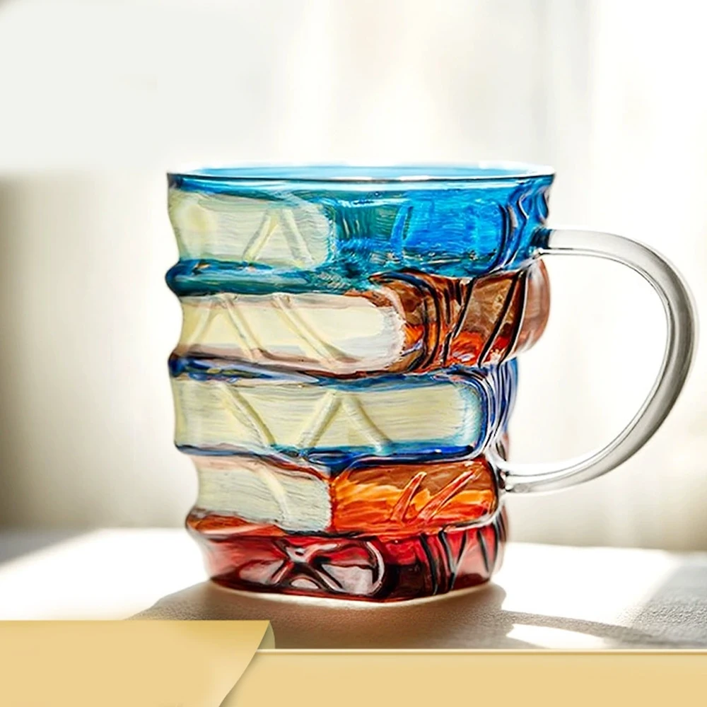 High Borosilicate Glass Creative Home Coffee Cup Hand-painted Book Stacking Pattern Mug