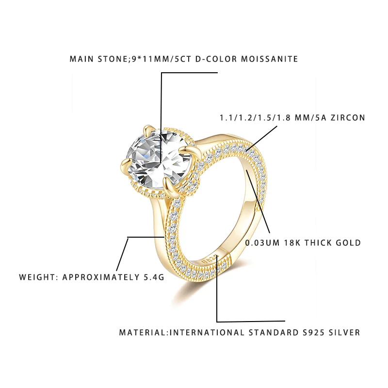 

Роскошное обручальное кольцо с муассанитом 1,5 карата, цвет D, серебро S925, покрытие из 18-каратного золота, синий циркон, женские модные украшения