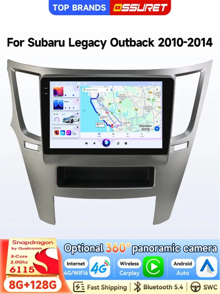 OSSURET 2 Din 9'' GPS-Navigation Android 15 Autoradio für Subaru Legacy Outback 2010-2014, Autoradio-Haupteinheit, CarPlay, Android Auto, intelligenter Bildschirm, AI, SWC, FM, AM, RDS, DSP, Audio,