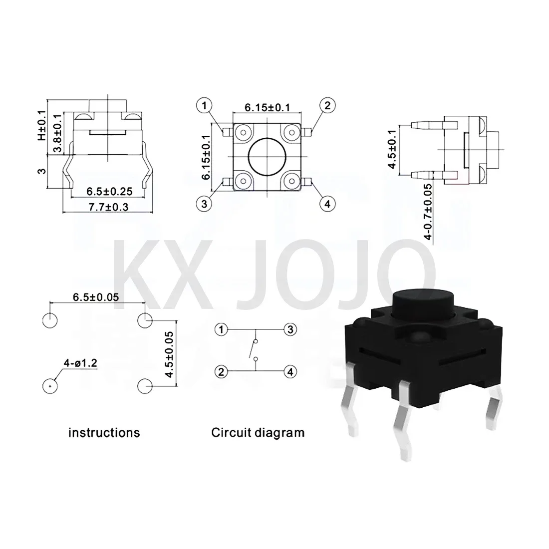 Mini bouton poussoir momentané SMD SMT, bouton poussoir tactile, électronique noir, 50 pièces, broche, patch, 6x6x4mm, 5mm, 6mm, 7mm, 8mm, 9mm, 10mm, 12V