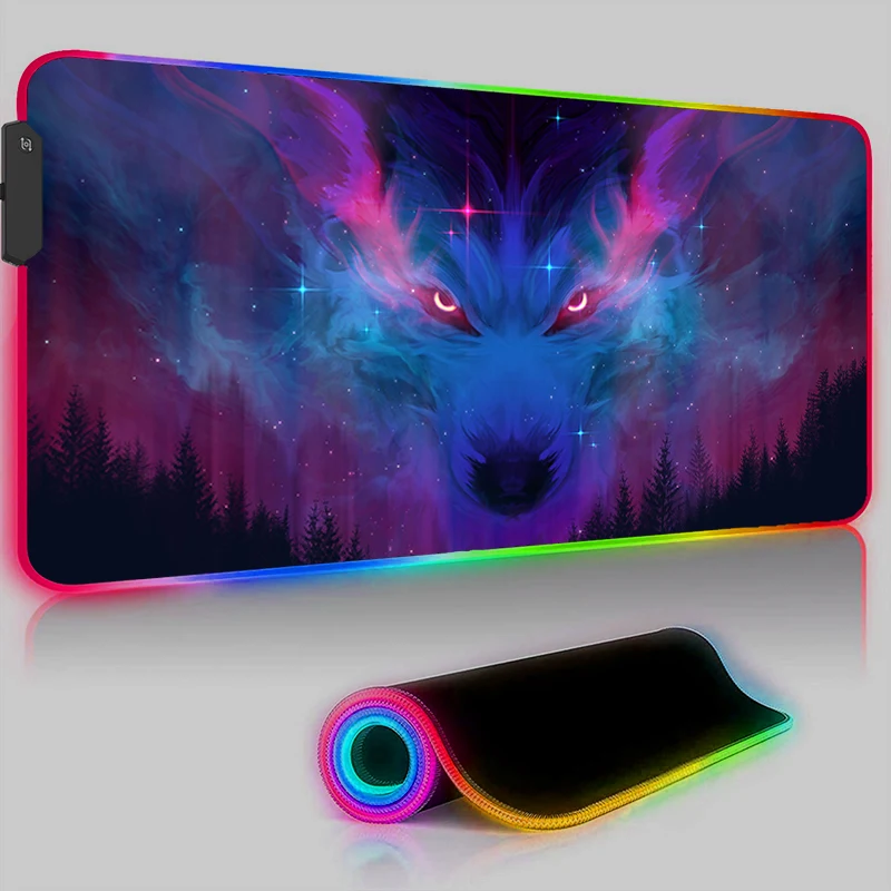 

RGB Gaming Mouse Pad, Large Desk Mat, Anti-slip Rubber, Stitched Edges, Galaxy Wolf Print, Extended Office Mat