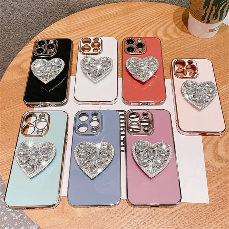 Deluxe Glitter Diamond Heart Stand Phone Case for iPhone 15 14 Plus 13 12 11 Pro Max Case