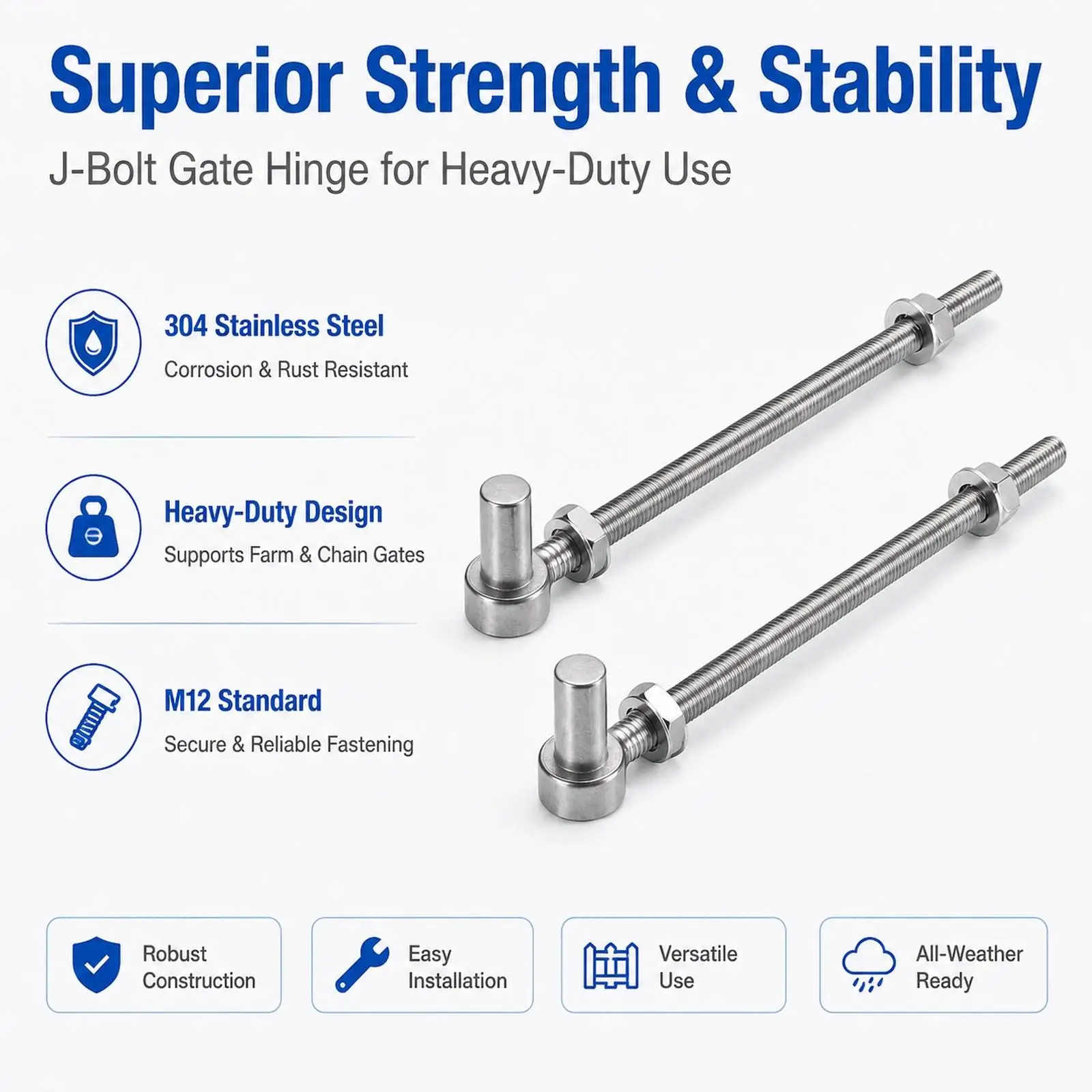 Non Weld Stainless Steel Gate Hinge J Bolt Eye Plate Door Hinge for Garden Fence Barn Driveway