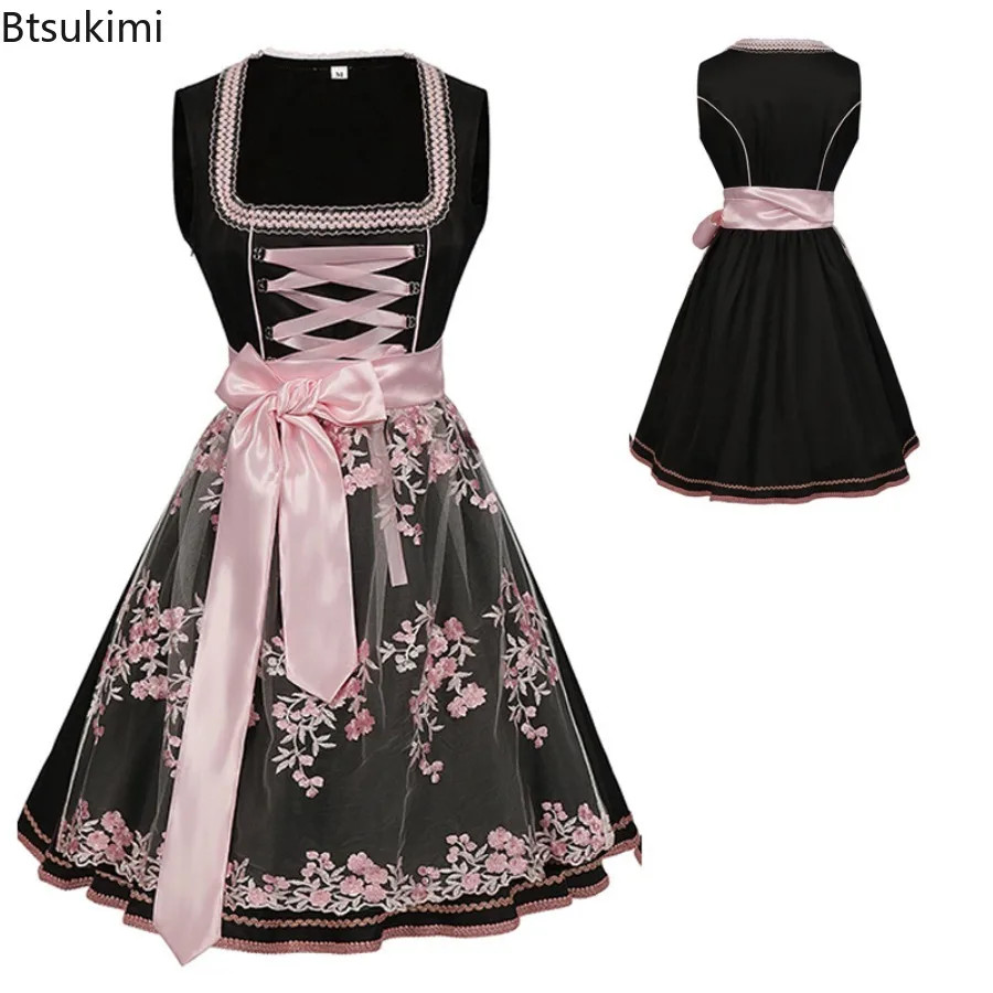 

2026 Women's Oktoberfest Dress Floral Sheer Apron Lace-Up Dirndl Dress Set Festival Traditional Bavarian Beer Costumes Clothes