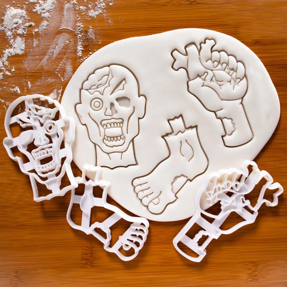Halloween Cookie Cutter Cartoon Pumpkin Witch Cat Stamp Type Plastic 3D Biscuit Fondant Embosser Cookies Molds Baking Supplies