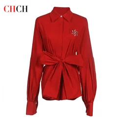 CHCH Women's Shirt 2025 New Simple Bubble Sleeve Embroidered Top Commuter Women's Top