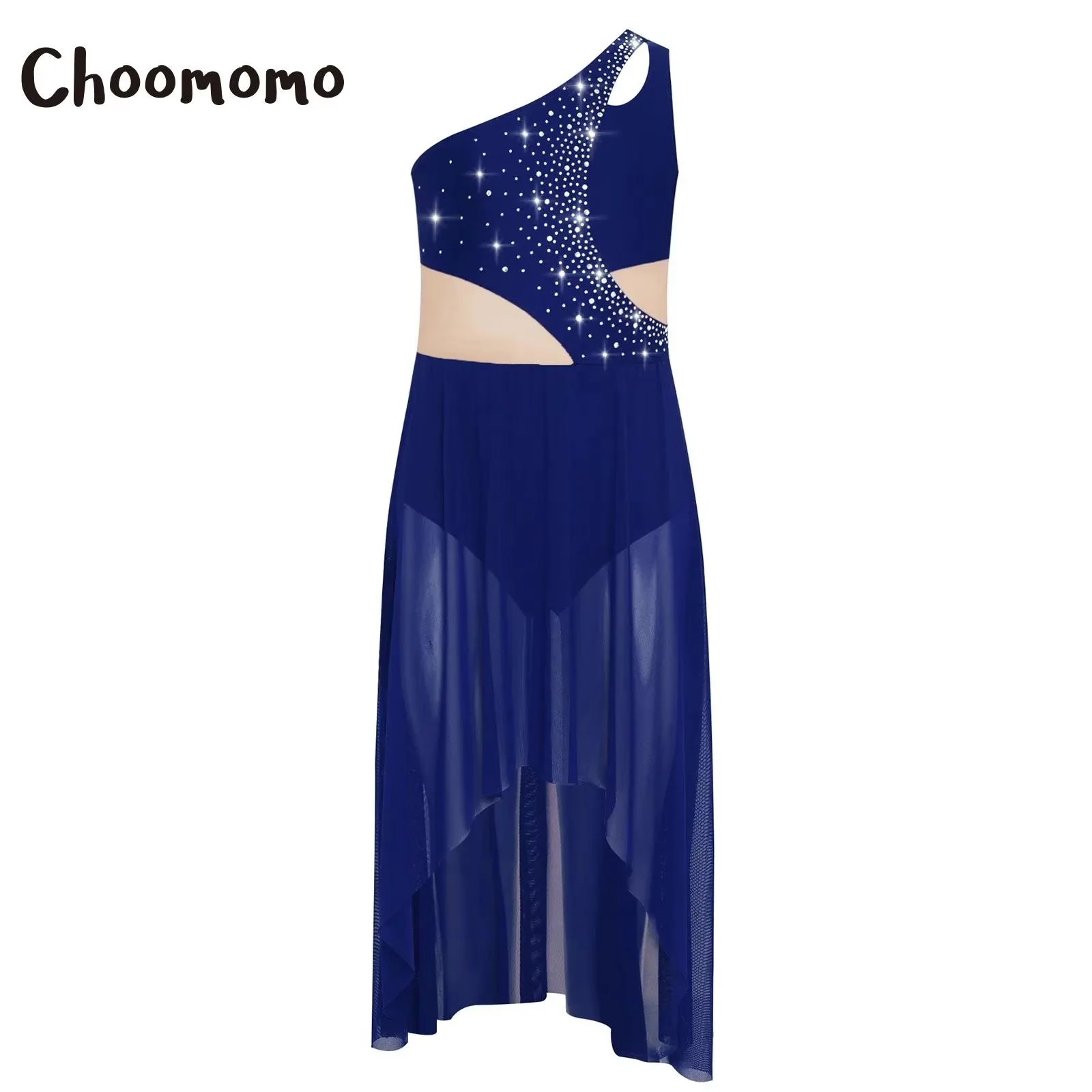 

Girls Lyrical Dance Dress One Shoulder Sleeveless Rhinestones Mesh Split Gymnastics Ballet Skating Leotards Dress Performance