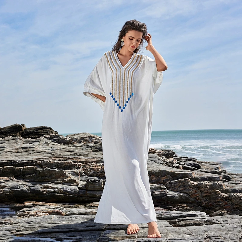 Ocean Kaftan Boho Chic White Loose Caftan Morocco Long Robe V-Neck Sheer Beach Cover Ups Sequin Embroidery Women Maxi Dress