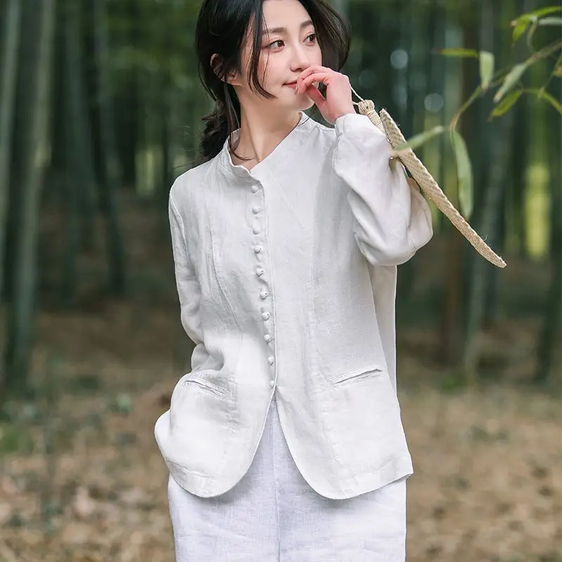 Fashion Cotton Linen Suit Jacket 2024 New Spring Autumn Thin Suit Coat Retro Chinese Style Women‘s Outerwear Casaco Feminino