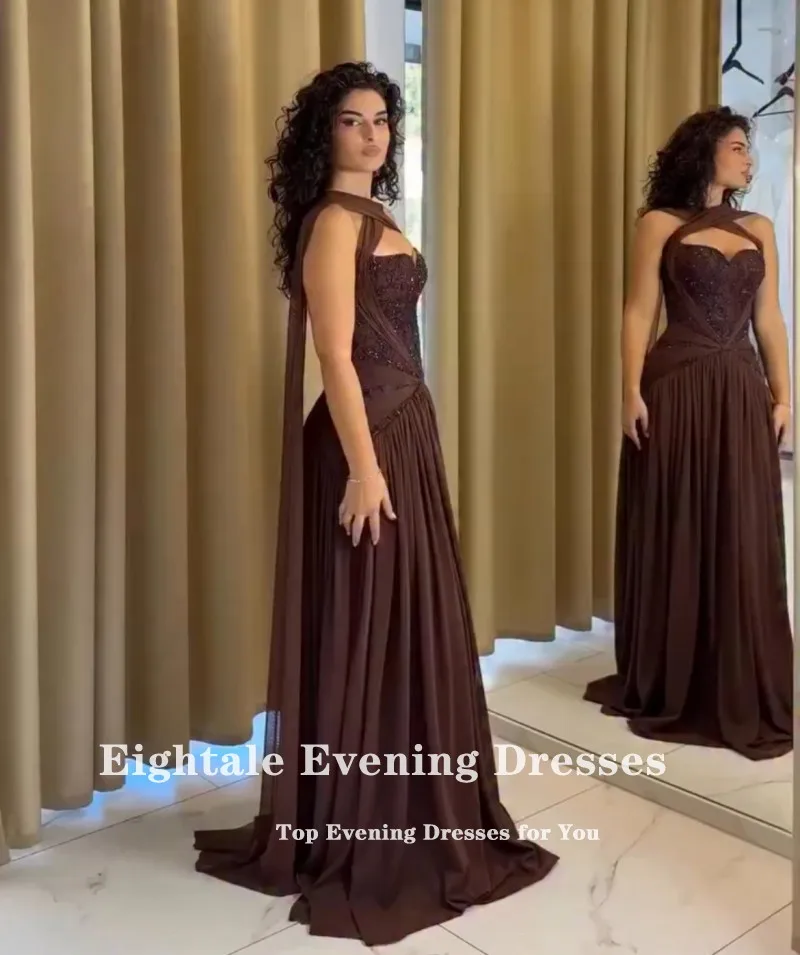 فستان سهرة عربي Eightale طيات رسن بني مزين بالخرز على شكل حرف a شيفون للمشاهير وحفلات الزفاف