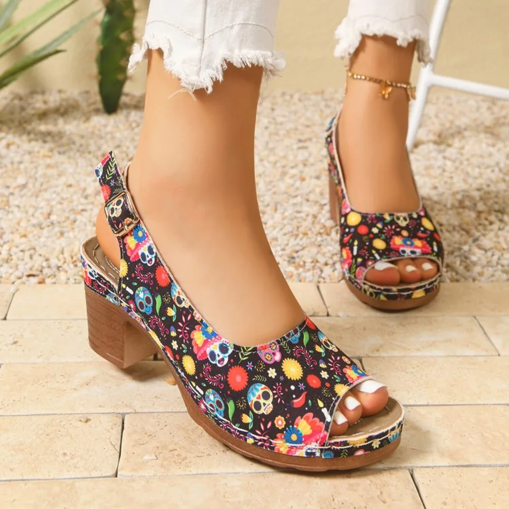 2026 New Printed Design Buckle Strap Casual High Heel Women's Sandals Summer Fashion Fish Mouth Square Heel Women Shoes Tacones