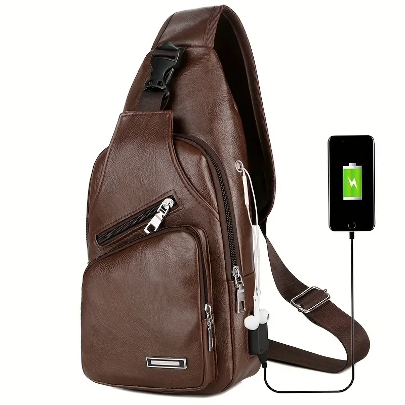 Men's Pu Leather Sling Bag Anti-theft Chest Bag with Earphone Hole Large Capacity Travel USB Shoulder Crossbody Bags