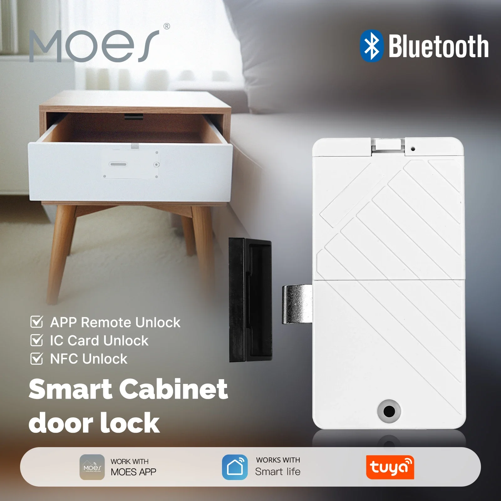 

MOES Tuya Smart Bluetooth Cabinet Drawer Lock Keyless IC Card Unlock App Remote Control Monitoring Used for Locker Wood Door