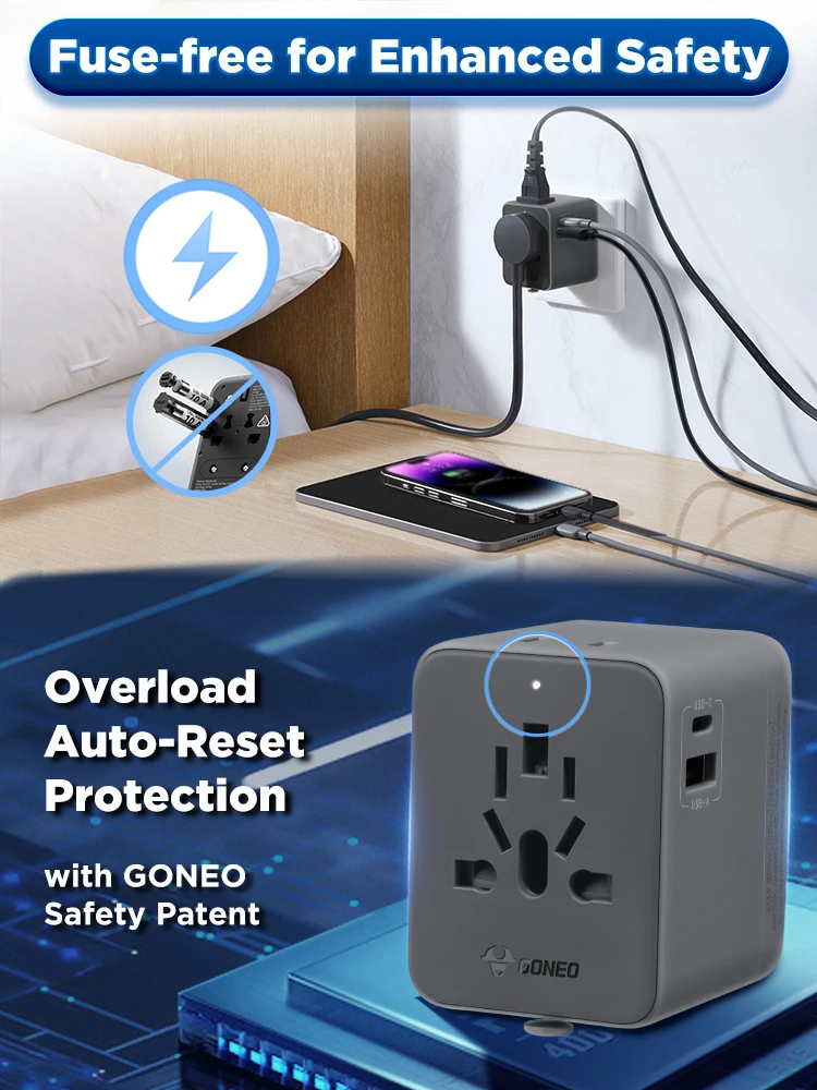 GONEO CE Certified Eight-Protection International Plug Adaptor 15W EU UK US AU with 2 AC 1 Type-C 1 USB Universal Travel Adapter