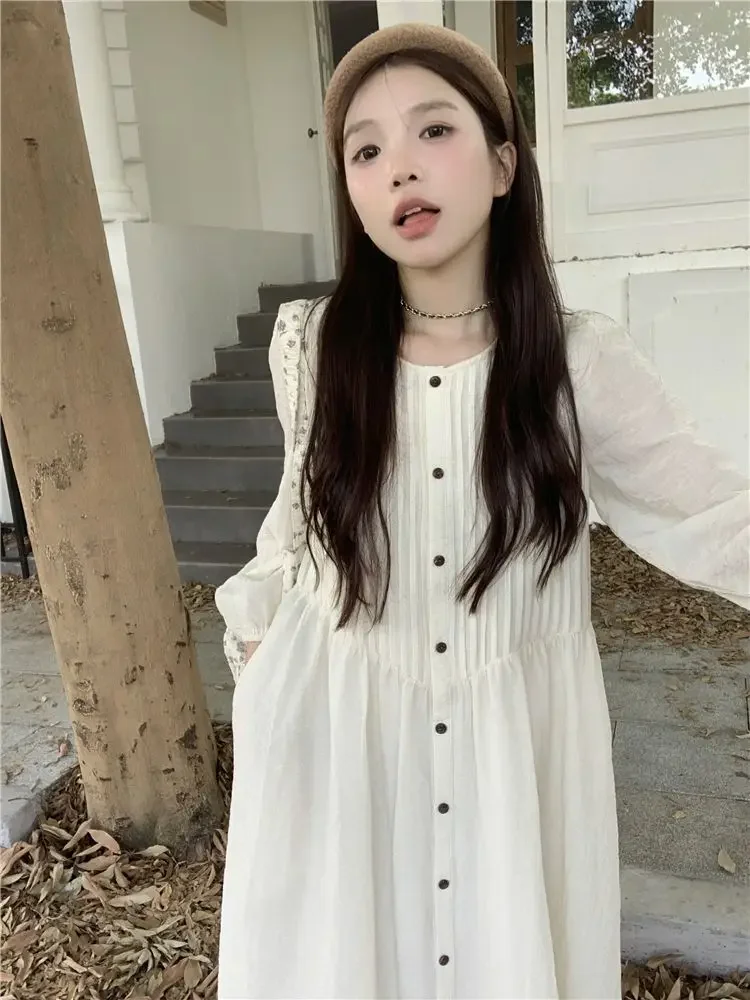 Design High Waist Loose and Long A-line Skirt Trendy Korean Pleated Long Sleeved Dress Women's New