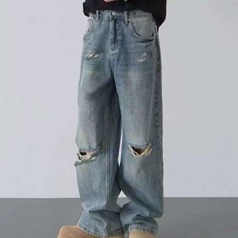 

Rorun Vintage Washed Men's And Women's Straight Leg Casual Jeans Retro Knife Cut Hole Design Original Independent Brand