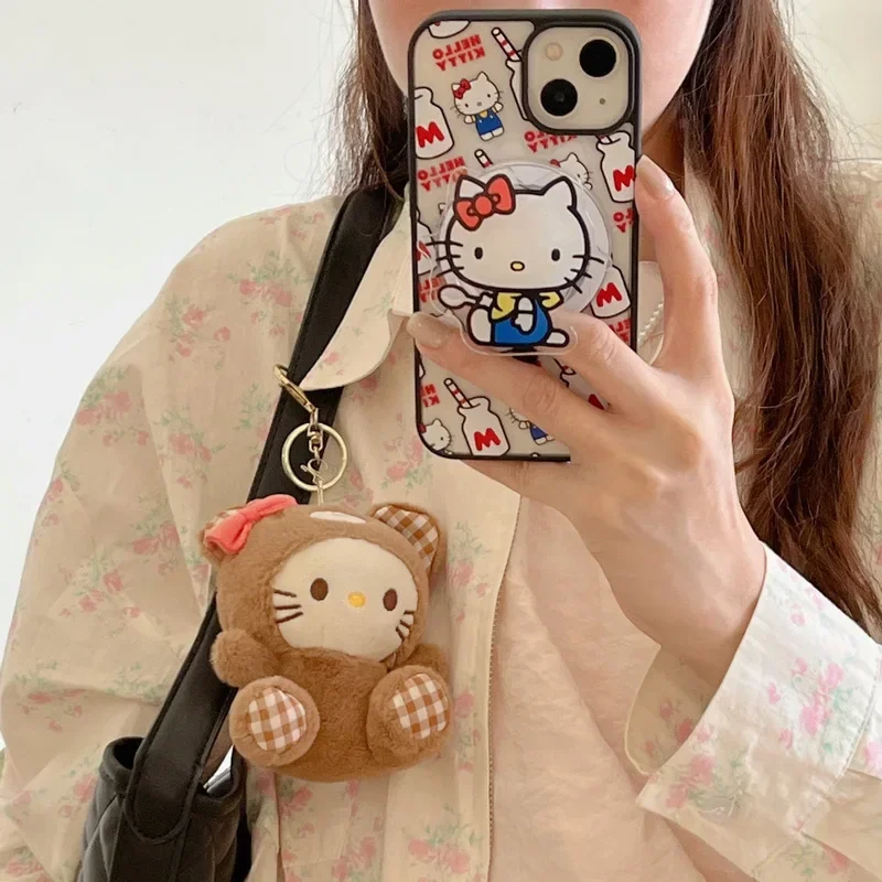 Cute Sanrio Hello Kitty Magnetic Bracket Magsafe Wireless Charge Phone Case For iPhone 15 14 13 12 11 Pro Max Clear Hard Cover