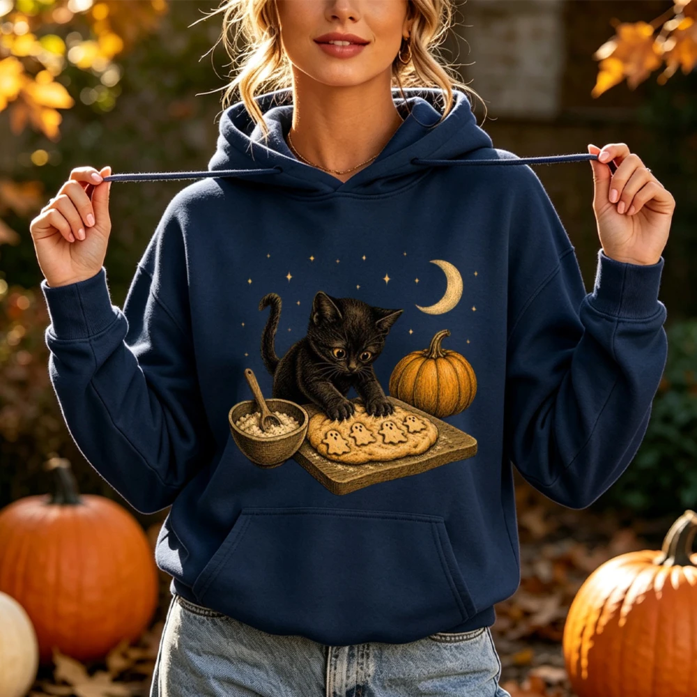 Black Cat Bakery Hoodie Women Warm Long Sleeve Baking Ghost Cookie Pumpkin Graphic Cozy Fall Pullover Gift Winter Clothes Women