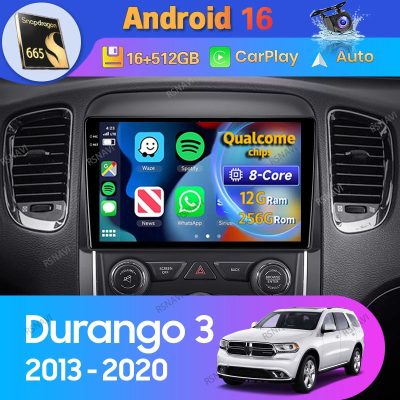 Android 16 Carplay Auto For Dodge Durango 3 WD 2013 2014 2015 - 2020 Car Radio Navigation DSP WIFI+4G Stereo DVD Video Player BT