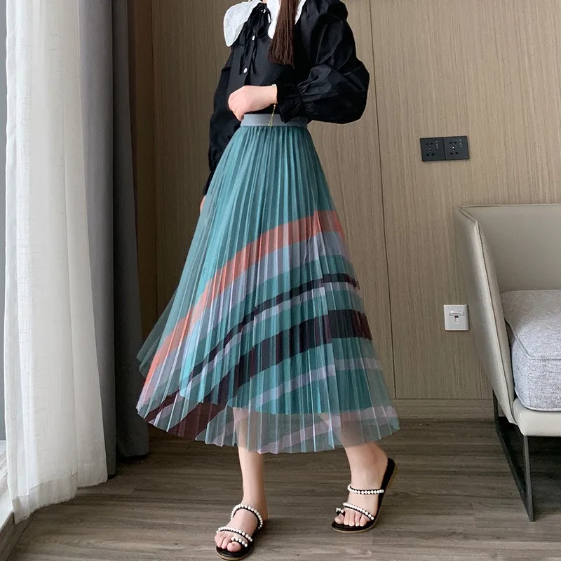 

New Summer Mesh Skirts Pleated Skirt High Waist Skirt Bohemia Skirts Womens Harajuku Green Rainbow Skirt Women Long Skirt 5743