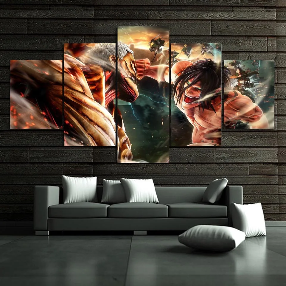 No Framed 5 Panel Eren Yeager Shingeki No Kyojin Painting Print Canvas Art Modular Pictures Wall Art for Living Room Decor