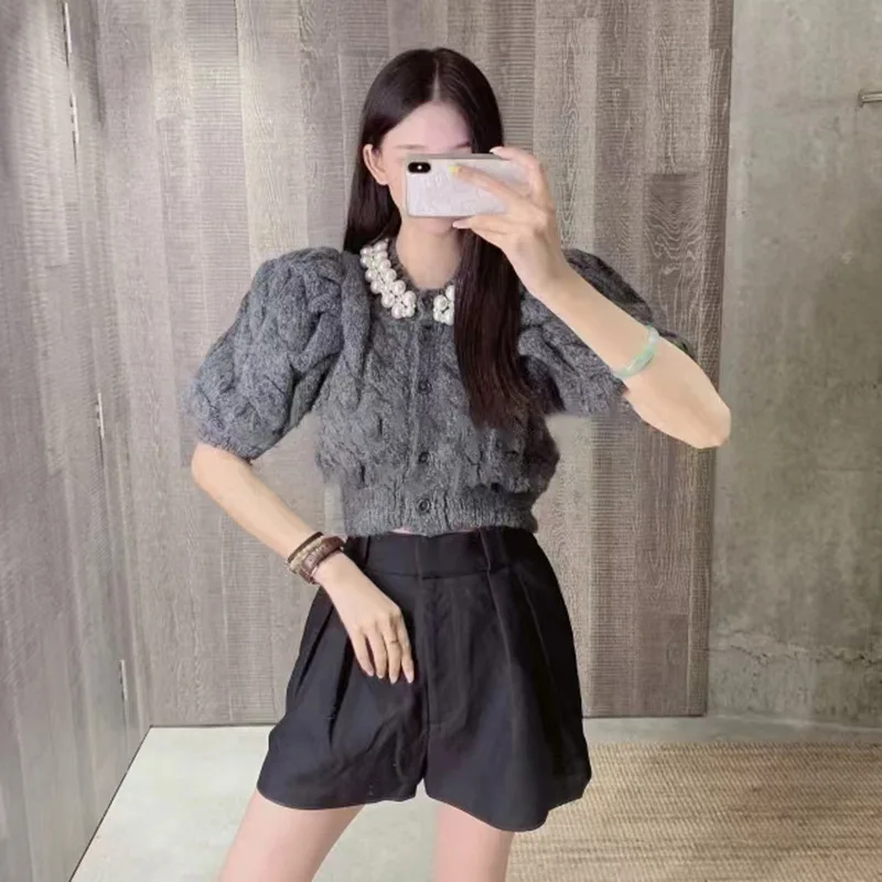 Niche 2023 new linen pattern sweater senior sense stranded flower nail bead short knitwear women