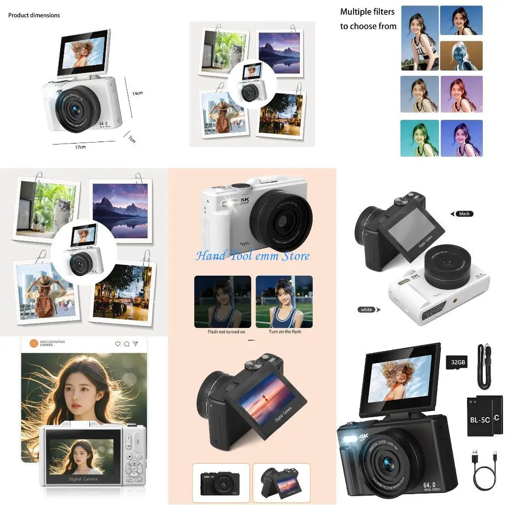 

H37F 3inch Rotating Screen Digital Camera 4K Video Recording Auto Focuses System Low Light Flash Photography Device