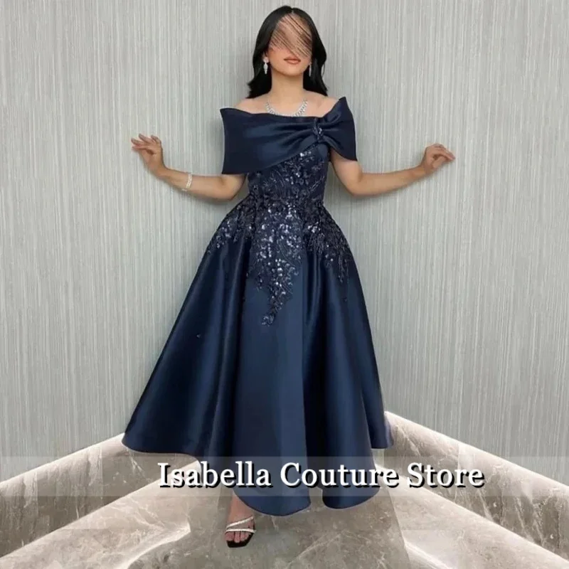 Navy Evening Dress Customized Elegant Applique Off Shoulder A Line Evening Gowns Ankle Length Satin Formal Party Dress 2026