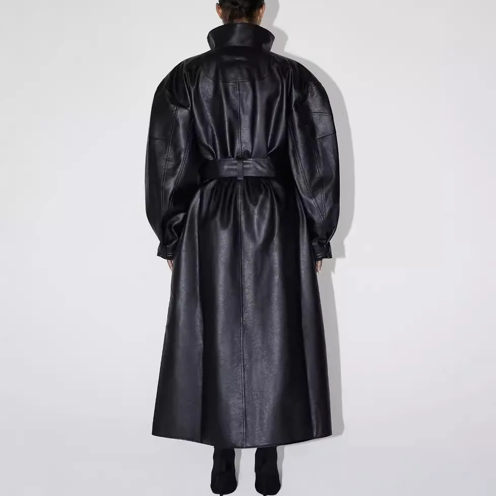 KHY Kylie same leather trench coat autumn and winter black white long jacket cape coat