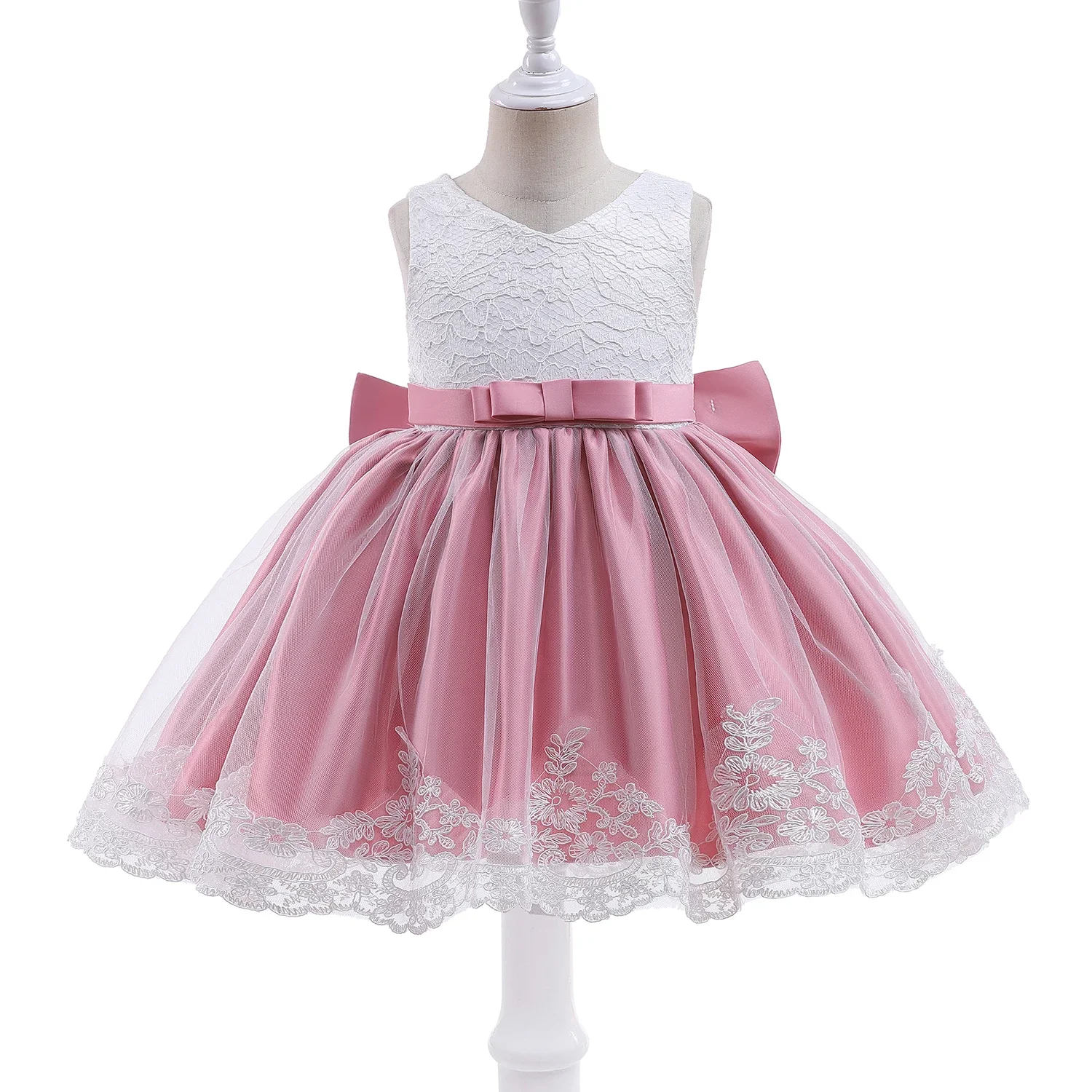 Baby Girls Embroidery Lace Princess Dress Cute Bow 12 Months Infant Baptism Gown 1st Birthday Party Christening Tutu Dress