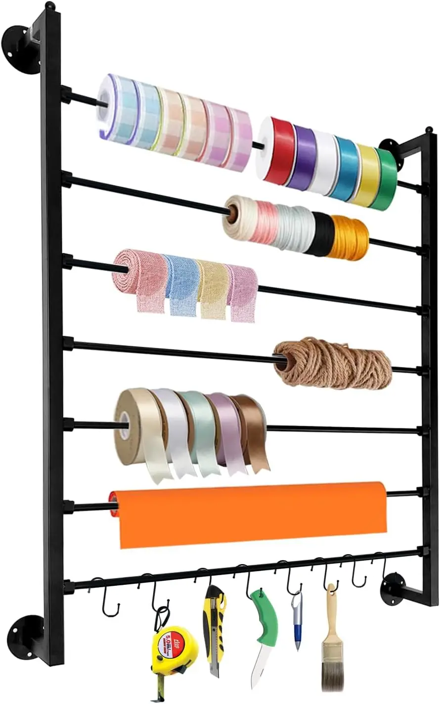 

Ribbon Storage Organizer 7 tier Wall Mounted Ribbon Rack Ideal for Wrapping Paper Scarf Tie Belt Towel, Metal Ribbon Storage for