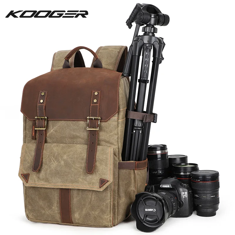 KOOGER Professional Camera Backpack Bag Waxed Canvas Men Women Waterproof DSLR Leather Bag