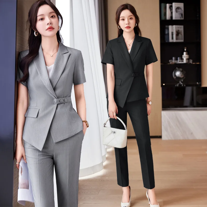 Gray Suit Women2024New Summer Business Clothing Design Beauty Salon Beauty Salon Short Sleeve Suit