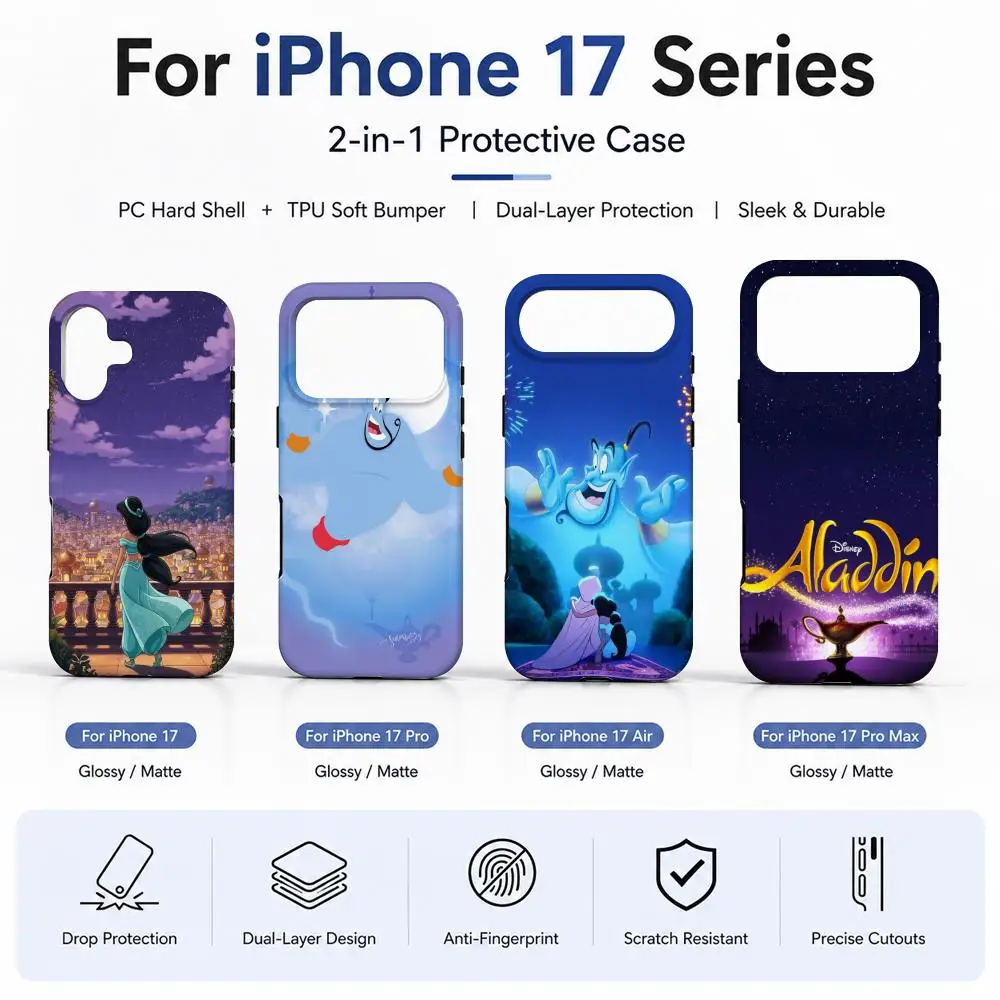 Coque de téléphone Aladdin en film 2-en-1 pour iPhone 17, 16, 15, 14, 12, 17 Air, 16e, 13 Pro MAX, 16 Plus