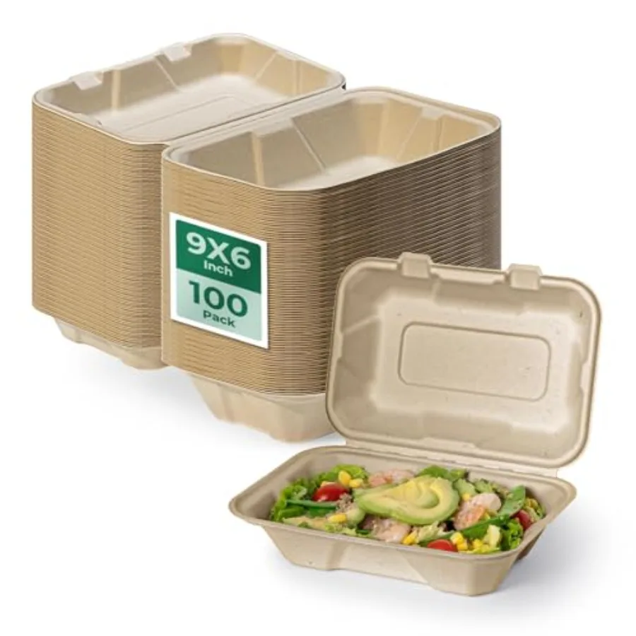 

100 Pack 9x6 Compostable To Go Food Containers, Disposable To Go Boxes for Food, Lunch Boxes, Clamshell Take Out Containers wit