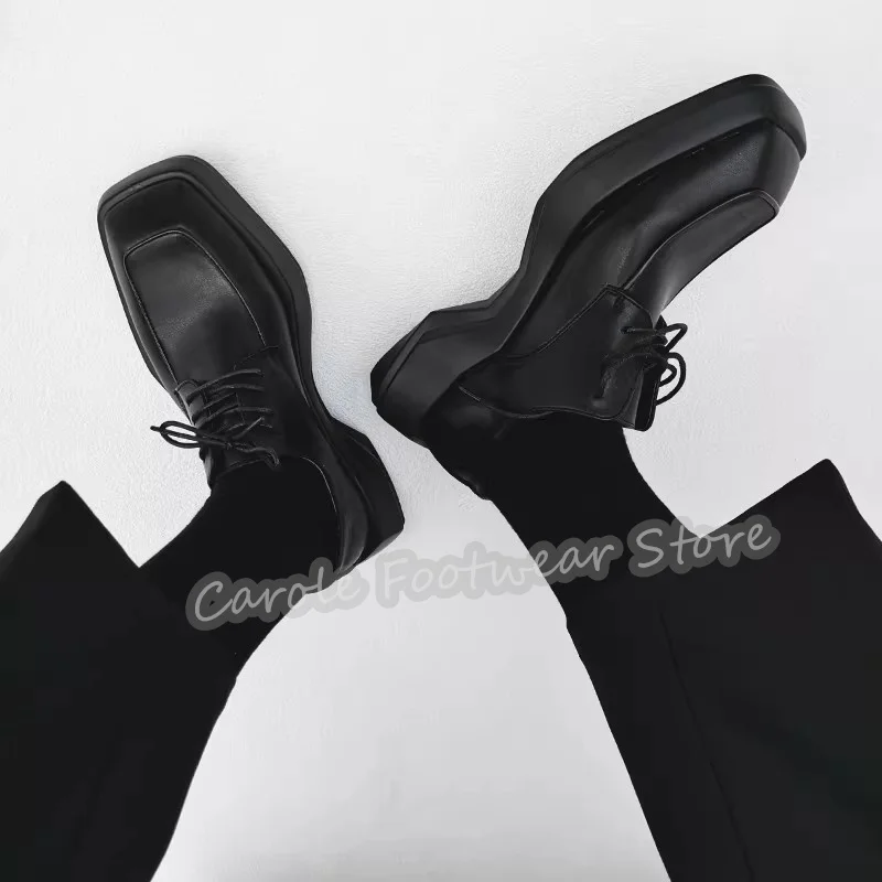 

British Style Irregular Chunky Bottom Derby Shoes for Men Square Toe Heigh Increasing Lace-Up Oxfords Male Wedding Dress Loafers