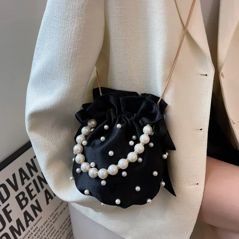 Brand Shoulder Bags For Women High Quality Luxury Ladies Handbag Black Bead Pearl Imitation Silk Female Bucket Crossbody Bag