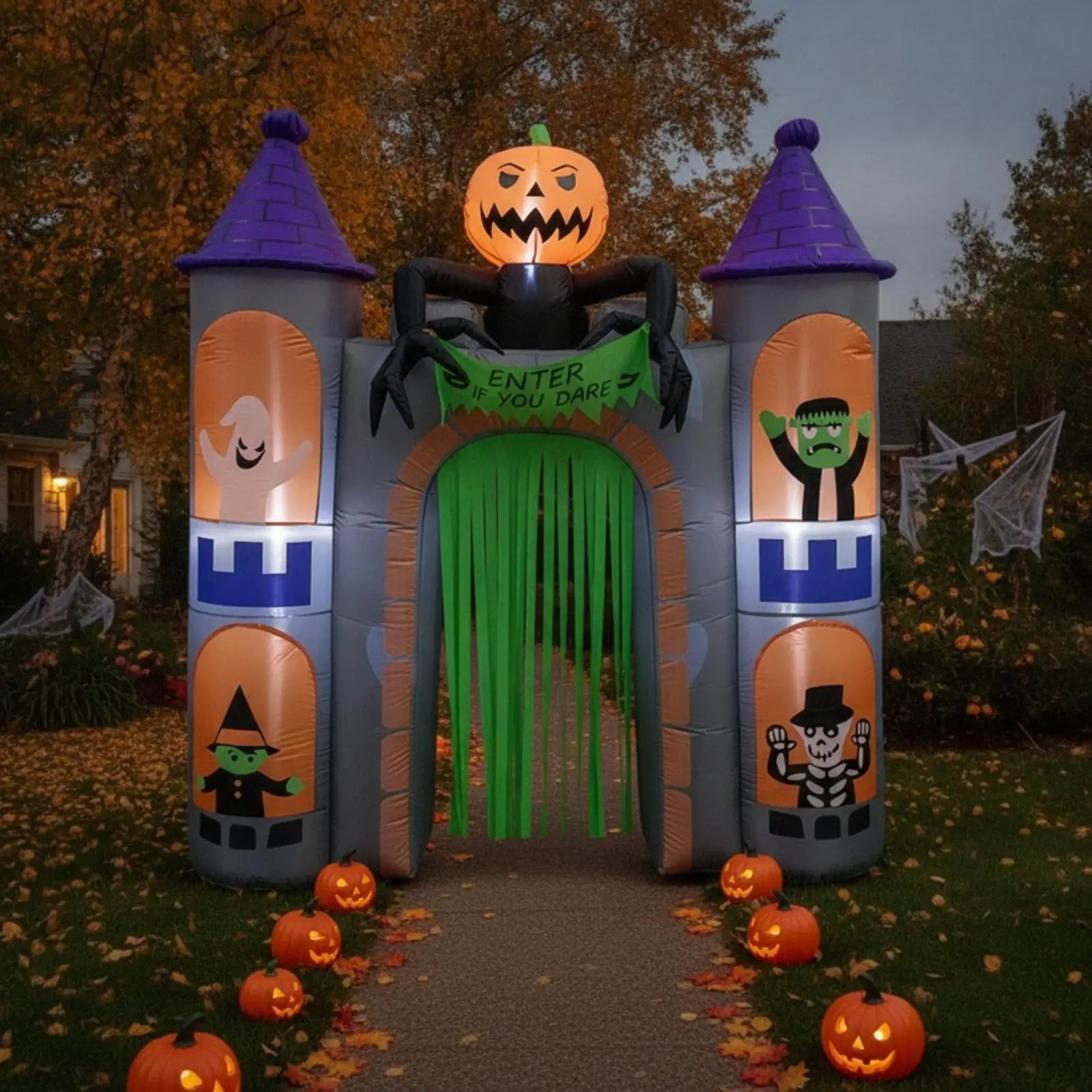 Inflatable Halloween Castle Arch with Lighted Pumpkin for Outdoor Party Decor Spooky Tunnel Gateway for Trick or Treat
