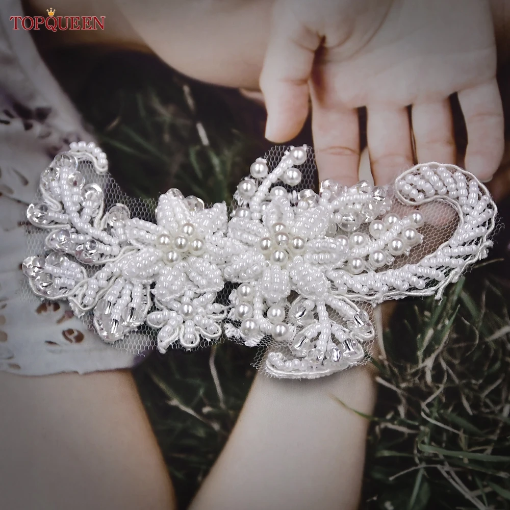 TOPQUEEN SP23 Floral Beaded Patches Bridal Lace Sewing Fabric Applique Pearl Tulle DIY Wedding Dresses Decoration Accessories