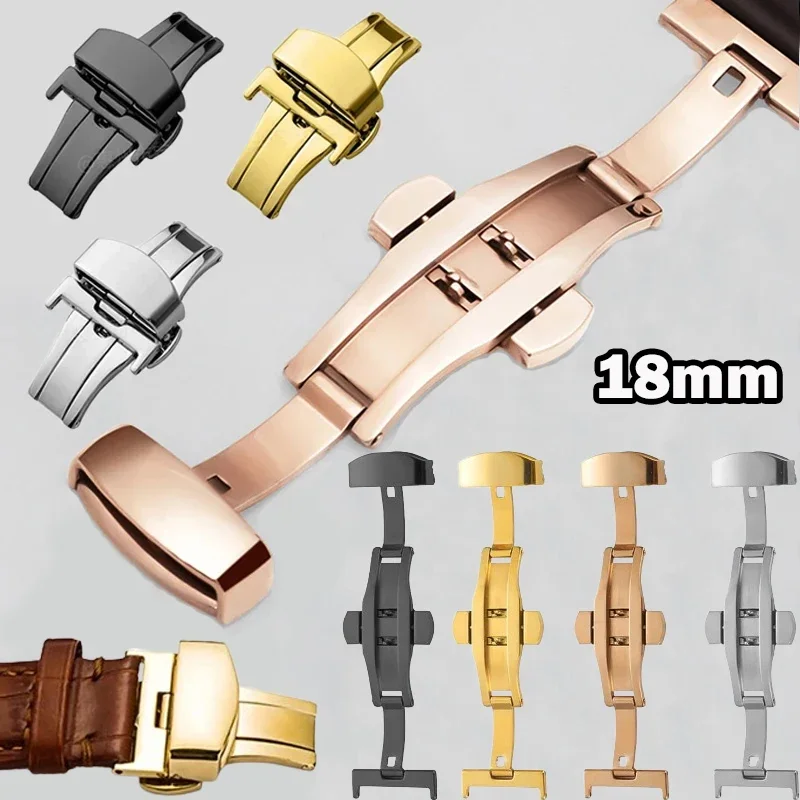 Watch Accessories Double Push Automatic Butterfly Watchband Buckle Steel Folding Clasp Metal Men Women Watch Button 18mm