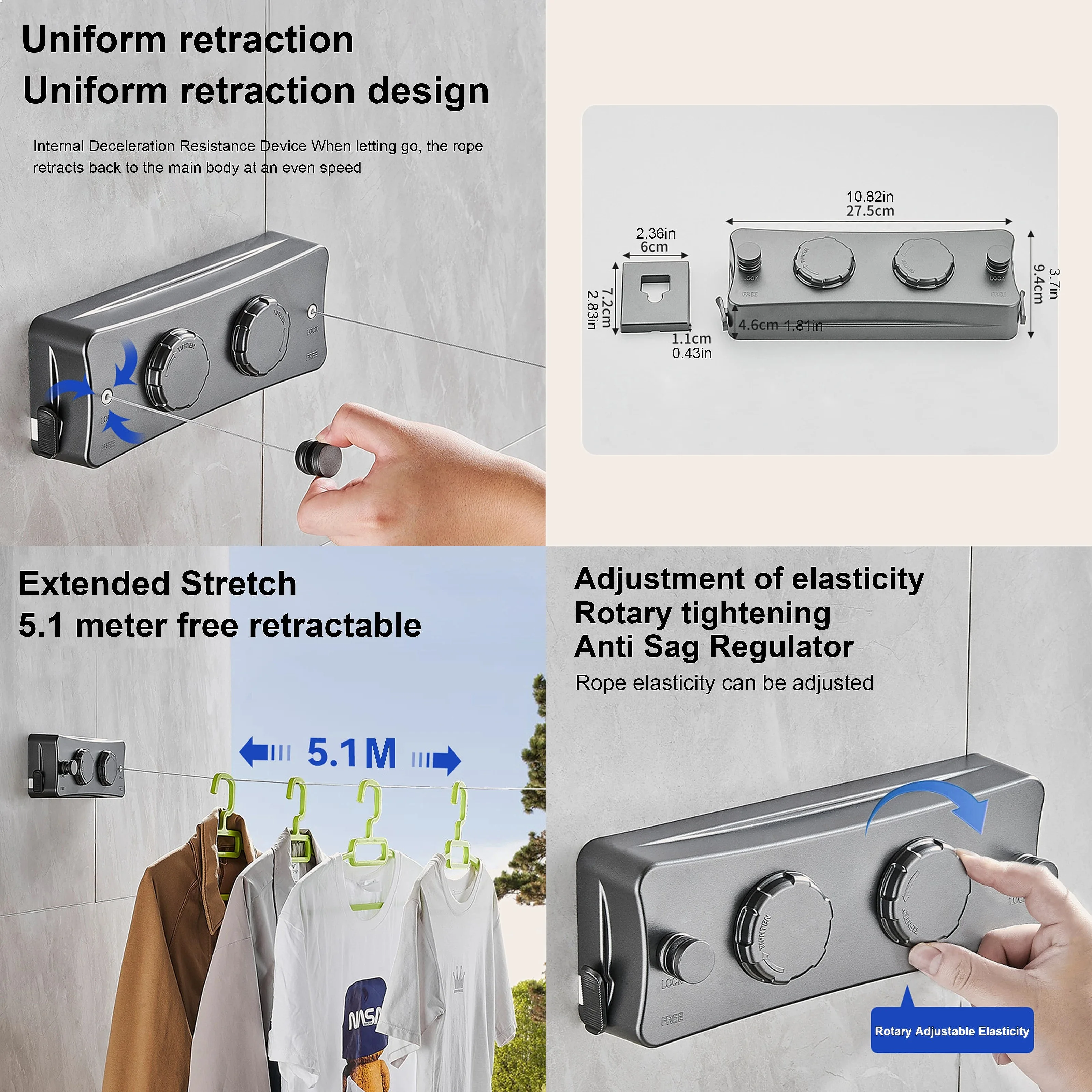 Retractable Clothesline 5.1M Wall Mounted Double Line Hanger Space-Saving Drying Rack