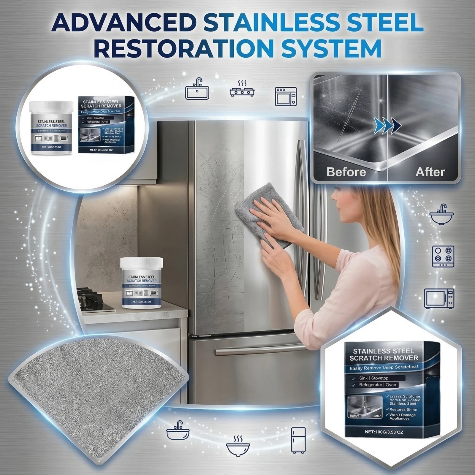 100g Stainless Steel Scratch Remover with Towel, Metal Cookware Stain Cleaner, Oven Polishing Mental Scratch Rust Remover
