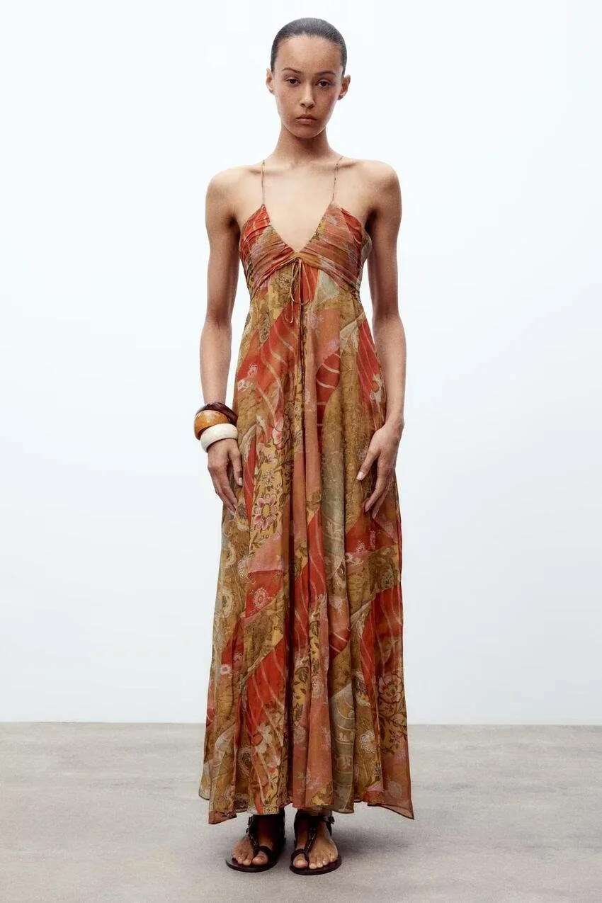 여름 신상 여성 패션 캐주얼 플로럴 프린트 미디 드레스 하이웨이스트 V넥 슬림핏 티셔츠 원피스