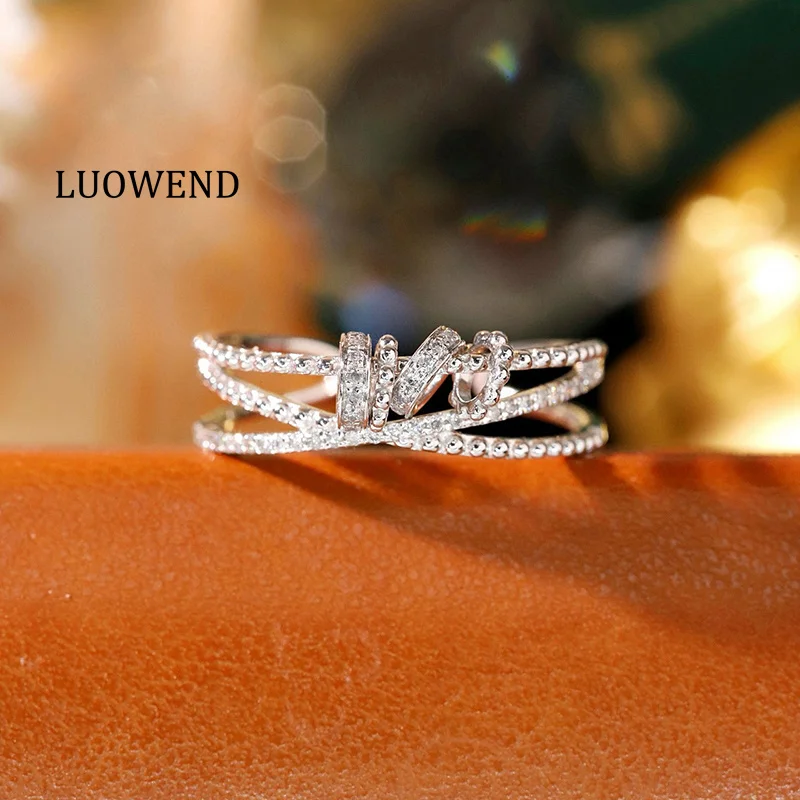 

LUOWEND 100% 18K White Gold Rings Fashion Design 0.20carat Real Natural Diamond Open Ring for Women Wedding High Party Jewelry