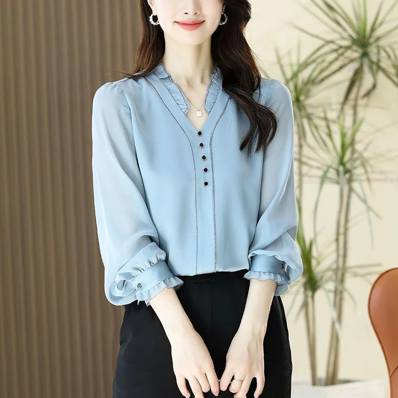 Korean Commuter 2024 Autumn New Women\'s V-Neck Spliced Button Elegant Fashion Loose Flattering Unique Long Sleeve Shirt Blouse